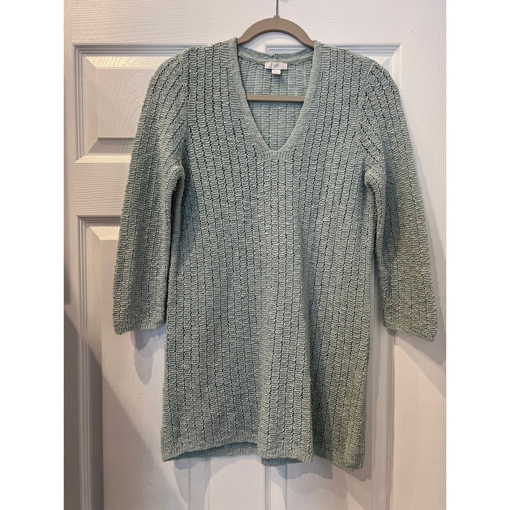 J. Jill Sweater V-Neck Sage Green Cotton Blend Open Stitch Minimalist Coastal